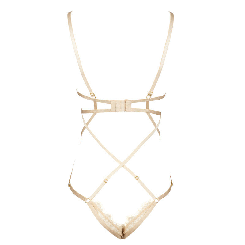 Lace Champagne Bra Bronzing Beautiful Back Sexy Bodysuit Bundled See-through Hollow Lingerie