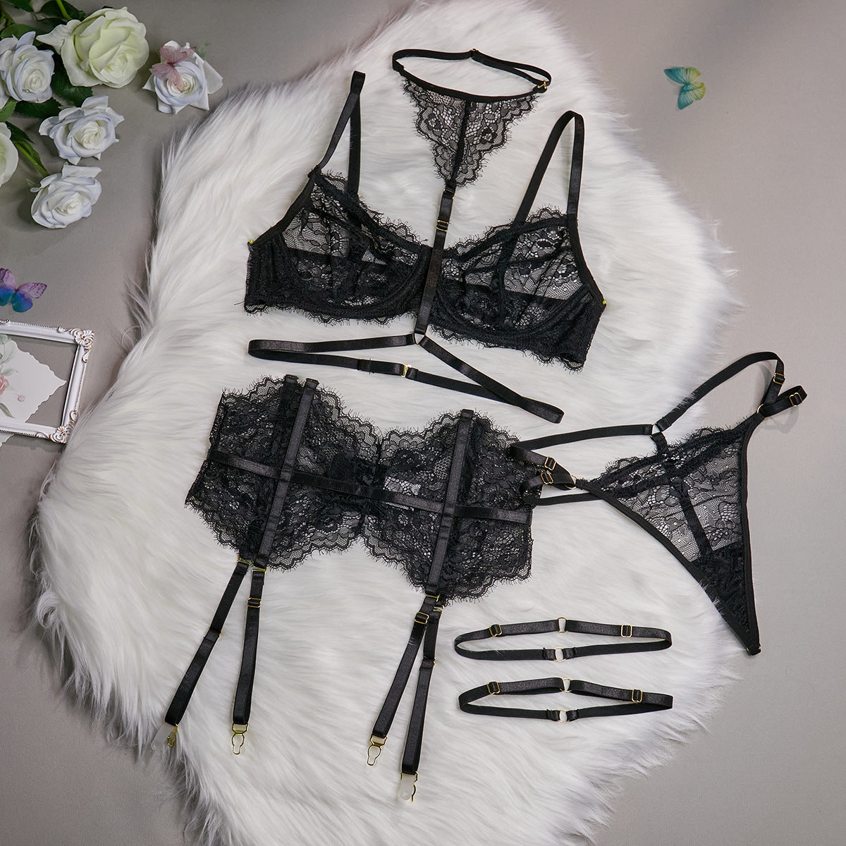 Lace Fishbone Ruffle Patchwork Chain Sexy Slimming Lingerie Three-Piece Set in Black Including Neck and Ankle Rings