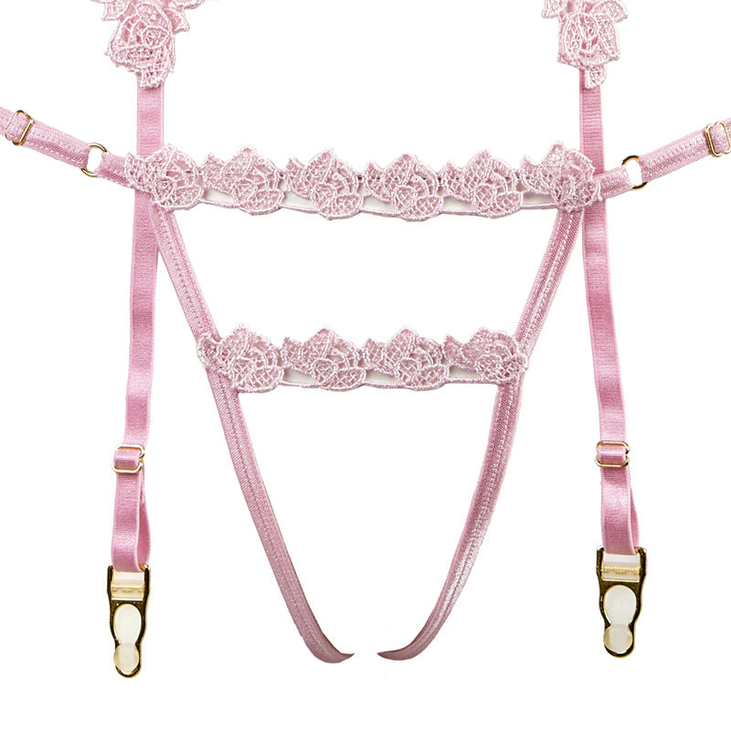Pink Water-Soluble Floral Hollow-Out Triangle Cup Adjustable Shoulder Strap Halter Garter Three-Piece Lingerie Set