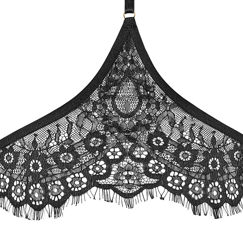 Black Halter Adjustable Eyelash Lace Low-Waist with Sheer Construction Elastic Strap Thong Lingerie Set