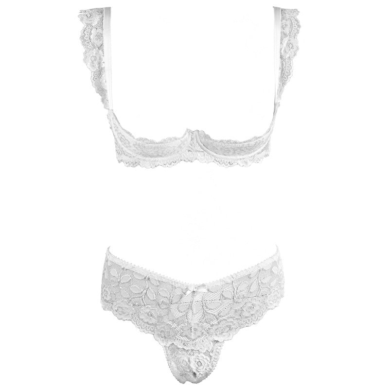 Pure Desire White Lace Sponge Steel Support Exposed Breasts Bra and Mid-Waist No-Removal Panties Lingerie Set