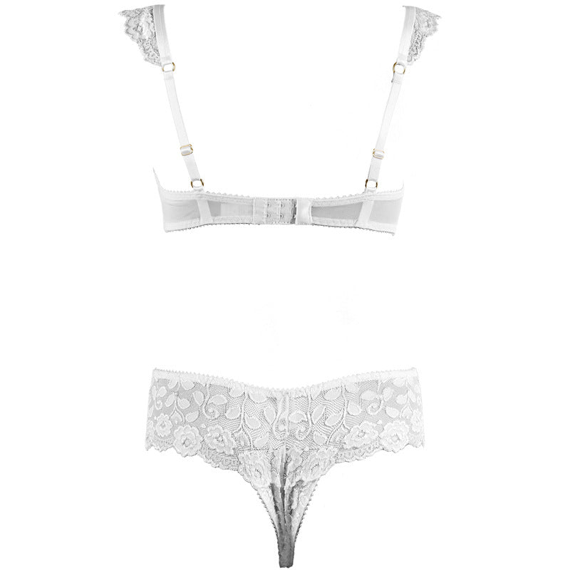 Pure Desire White Lace Sponge Steel Support Exposed Breasts Bra and Mid-Waist No-Removal Panties Lingerie Set