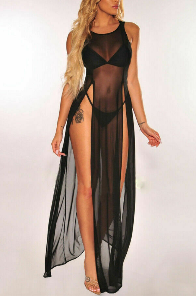 Black Sexy Split Thigh Side Mesh Dress Without Lingerie