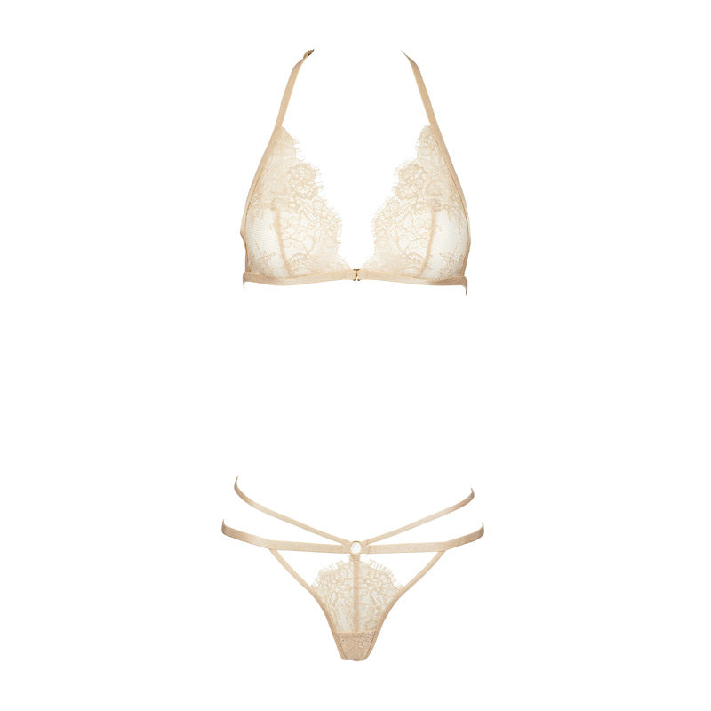 Hot Stamped Eyelash Lace Three-Point Style Champagne Gold Triangle Cup Halter Beautiful Back Thong Lingerie Set