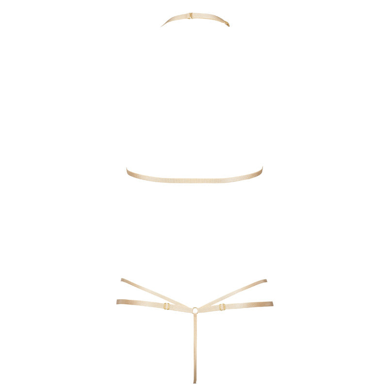 Hot Stamped Eyelash Lace Three-Point Style Champagne Gold Triangle Cup Halter Beautiful Back Thong Lingerie Set