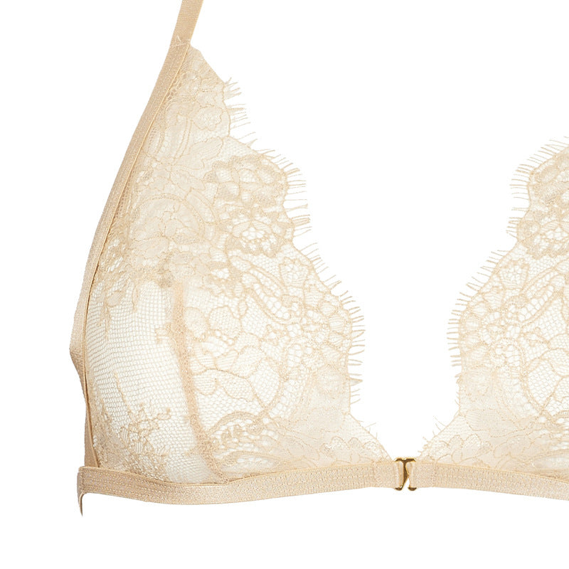 Hot Stamped Eyelash Lace Three-Point Style Champagne Gold Triangle Cup Halter Beautiful Back Thong Lingerie Set