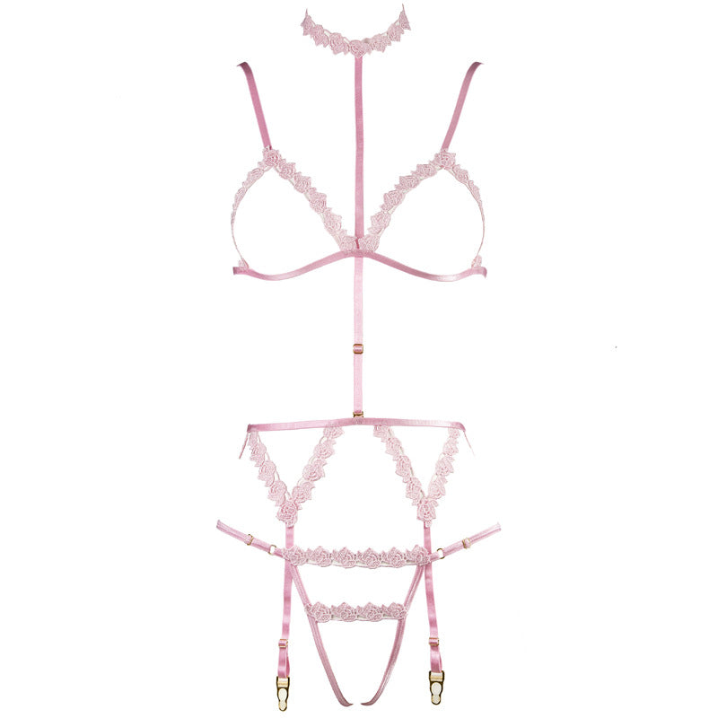 Pink Water-Soluble Floral Hollow-Out Triangle Cup Adjustable Shoulder Strap Halter Garter Three-Piece Lingerie Set