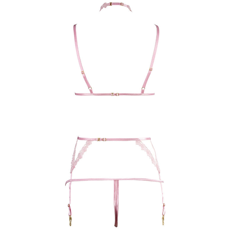 Pink Water-Soluble Floral Hollow-Out Triangle Cup Adjustable Shoulder Strap Halter Garter Three-Piece Lingerie Set