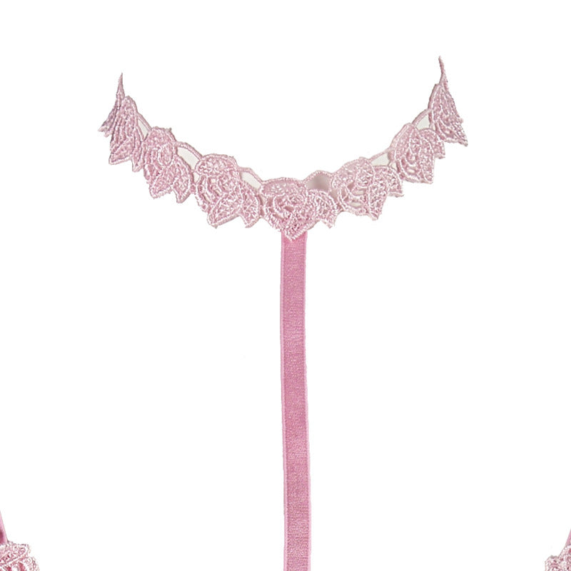 Pink Water-Soluble Floral Hollow-Out Triangle Cup Adjustable Shoulder Strap Halter Garter Three-Piece Lingerie Set