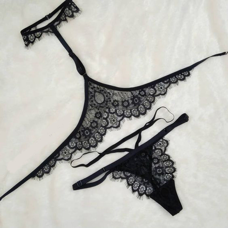 Black Halter Adjustable Eyelash Lace Low-Waist with Sheer Construction Elastic Strap Thong Lingerie Set