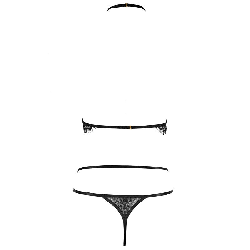 Black Halter Adjustable Eyelash Lace Low-Waist with Sheer Construction Elastic Strap Thong Lingerie Set