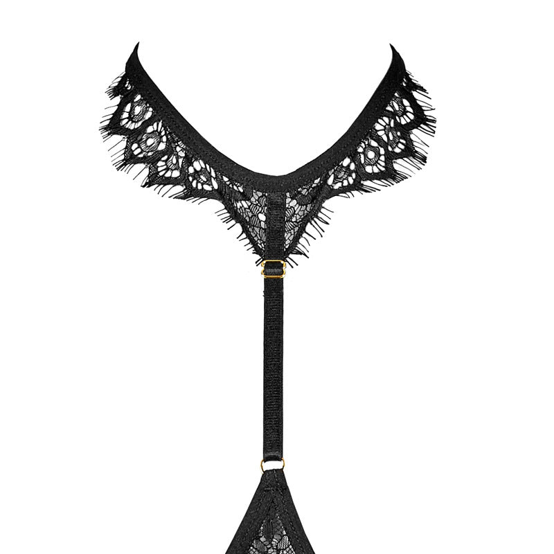 Black Halter Adjustable Eyelash Lace Low-Waist with Sheer Construction Elastic Strap Thong Lingerie Set