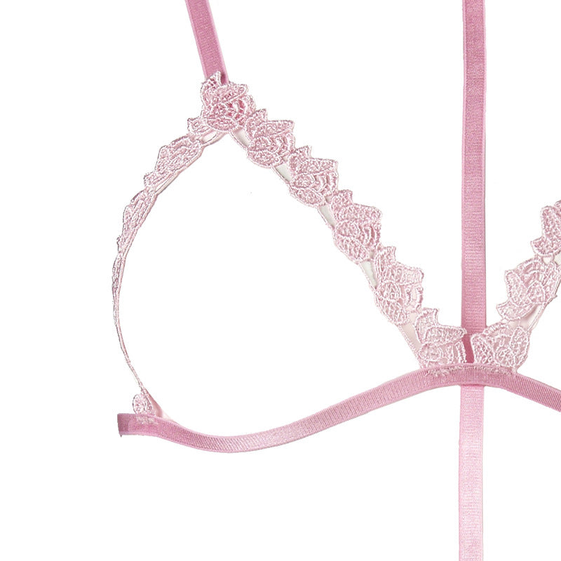 Pink Water-Soluble Floral Hollow-Out Triangle Cup Adjustable Shoulder Strap Halter Garter Three-Piece Lingerie Set