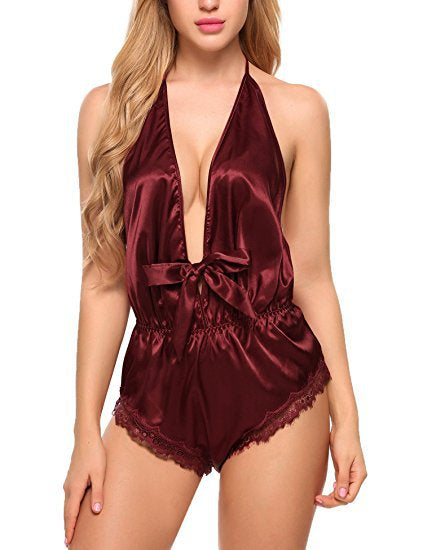 Wine Red Sexy One-Piece Lace Ruffle Lingerie Nightgown