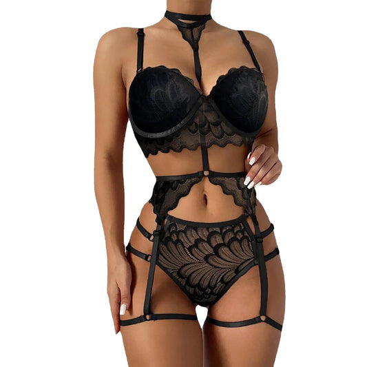 Black Hanging Neck Sling Slim Sexy Lace Lingerie Three-Piece Set
